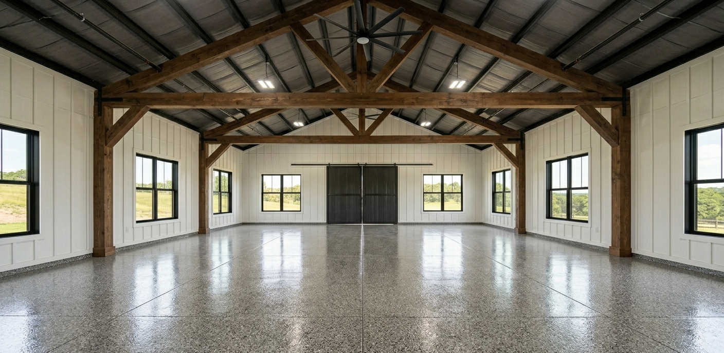 Spacious empty hall with exposed wooden beams, large windows, and a polished concrete floor.