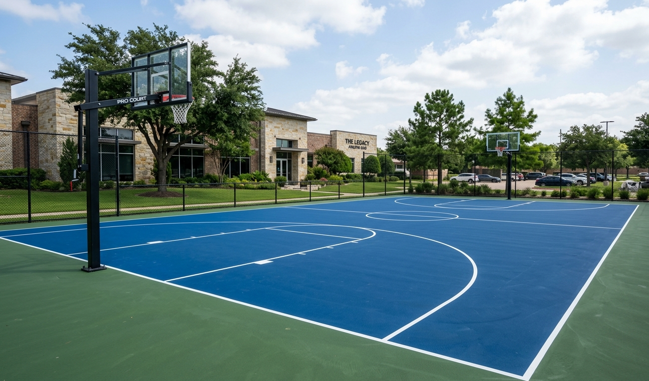 Empty blue outdoor basketball court beside apartment buildings and trees