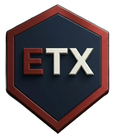 Red and dark blue hexagonal ETX logo with metallic letters on a white background