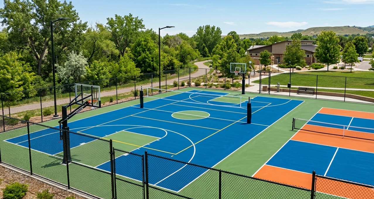 Outdoor sports courts with blue and green surfaces, including a fenced basketball court.
