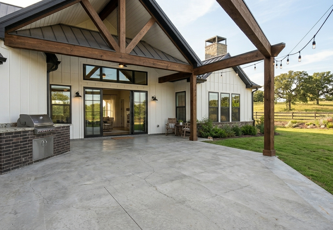 Covered patio with stone columns, glass doors, and a spacious concrete seating area beside a lawn