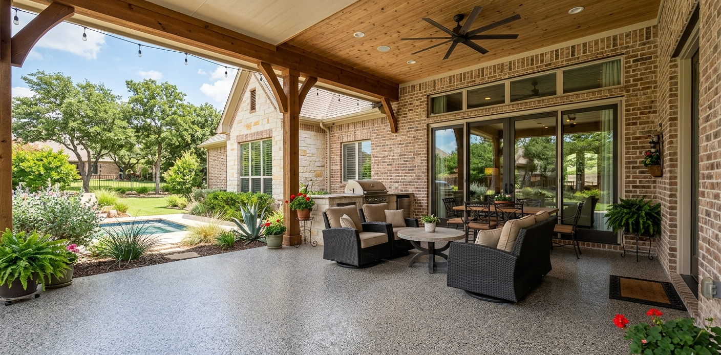 Covered patio with wicker seating, stone floor, and garden view through open arches