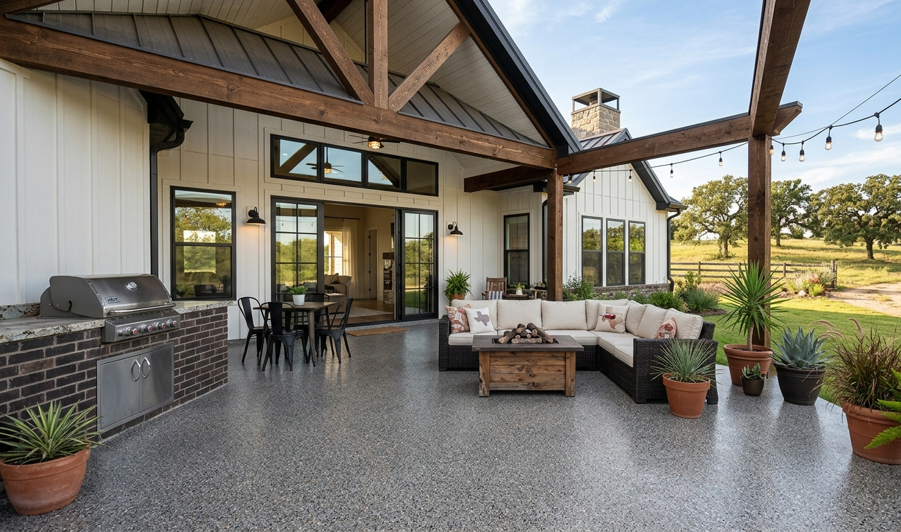 Covered patio with outdoor sofa, dining set, grill, and string lights beside a modern house