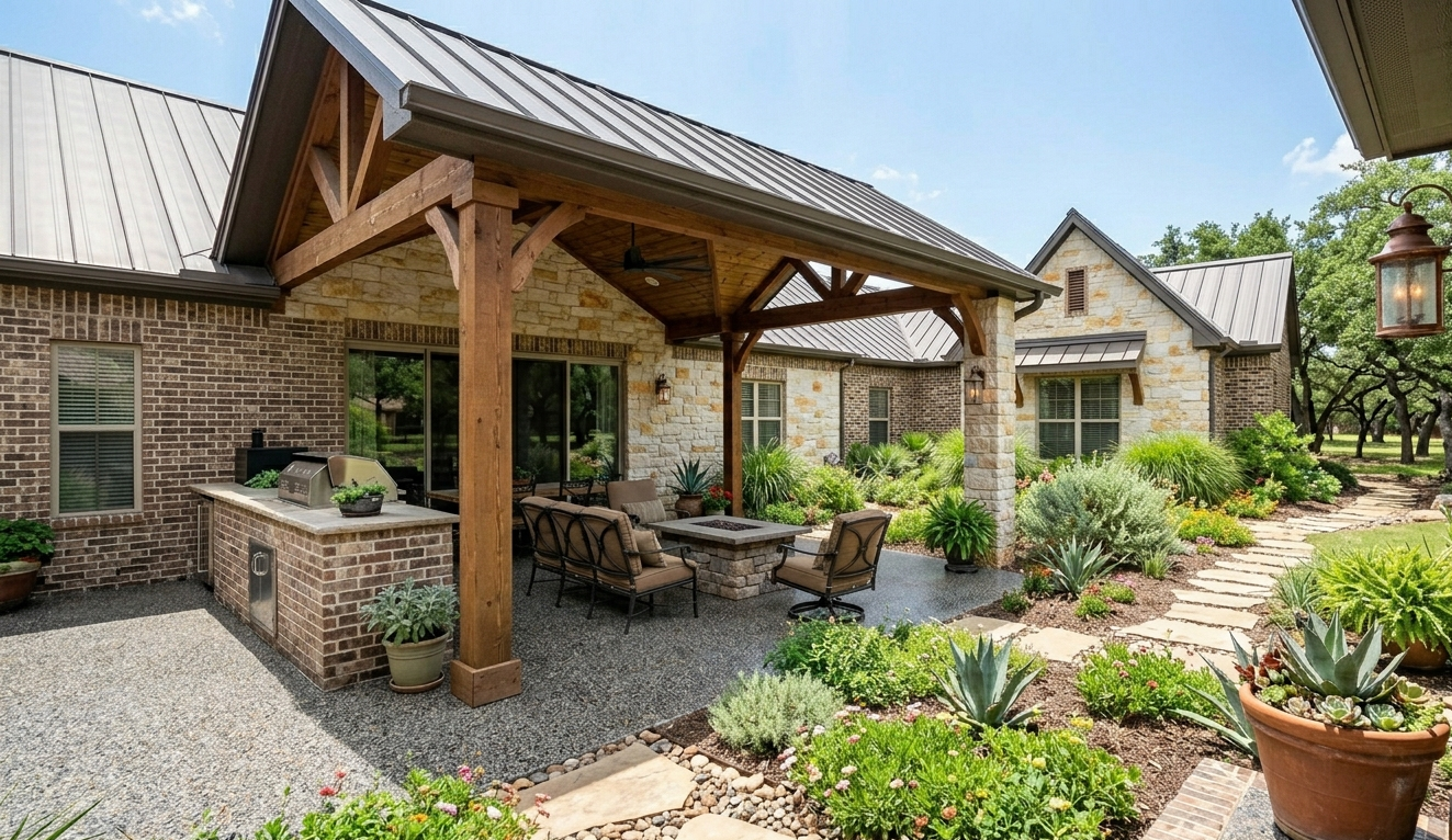 Stone courtyard patio with wooden pavilion, outdoor seating, flowers, and a winding garden path
