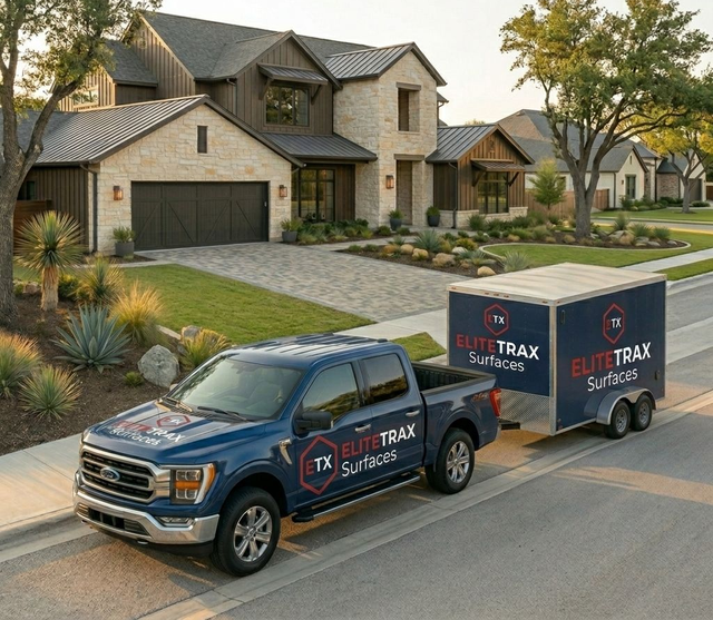Blue pickup truck with trailer parked on a suburban street in front of modern houses