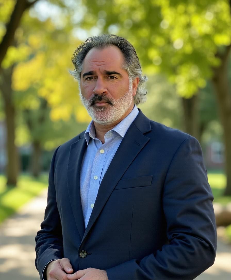 Man in a navy blazer and light blue shirt standing outdoors in a sunlit park, with trees blurred behind him