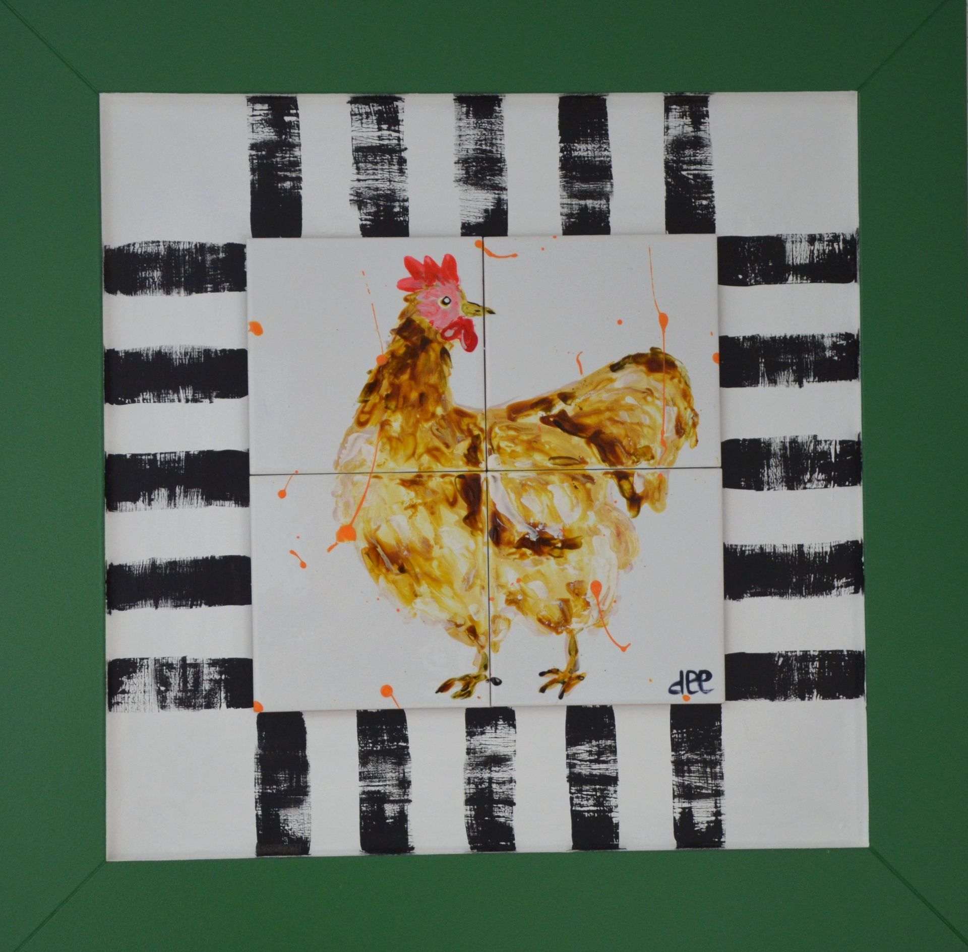 Tegeltableau vis goudvis spetters handbeschilderde tegeltjes afgebakken in oven keukendecoratie wanddecoratie keukendesign interieur kleurrijkwonen. tegeltableaus, tegelkunst, tegeltjekunst, wandtegels, handbeschilderde tegels. 
