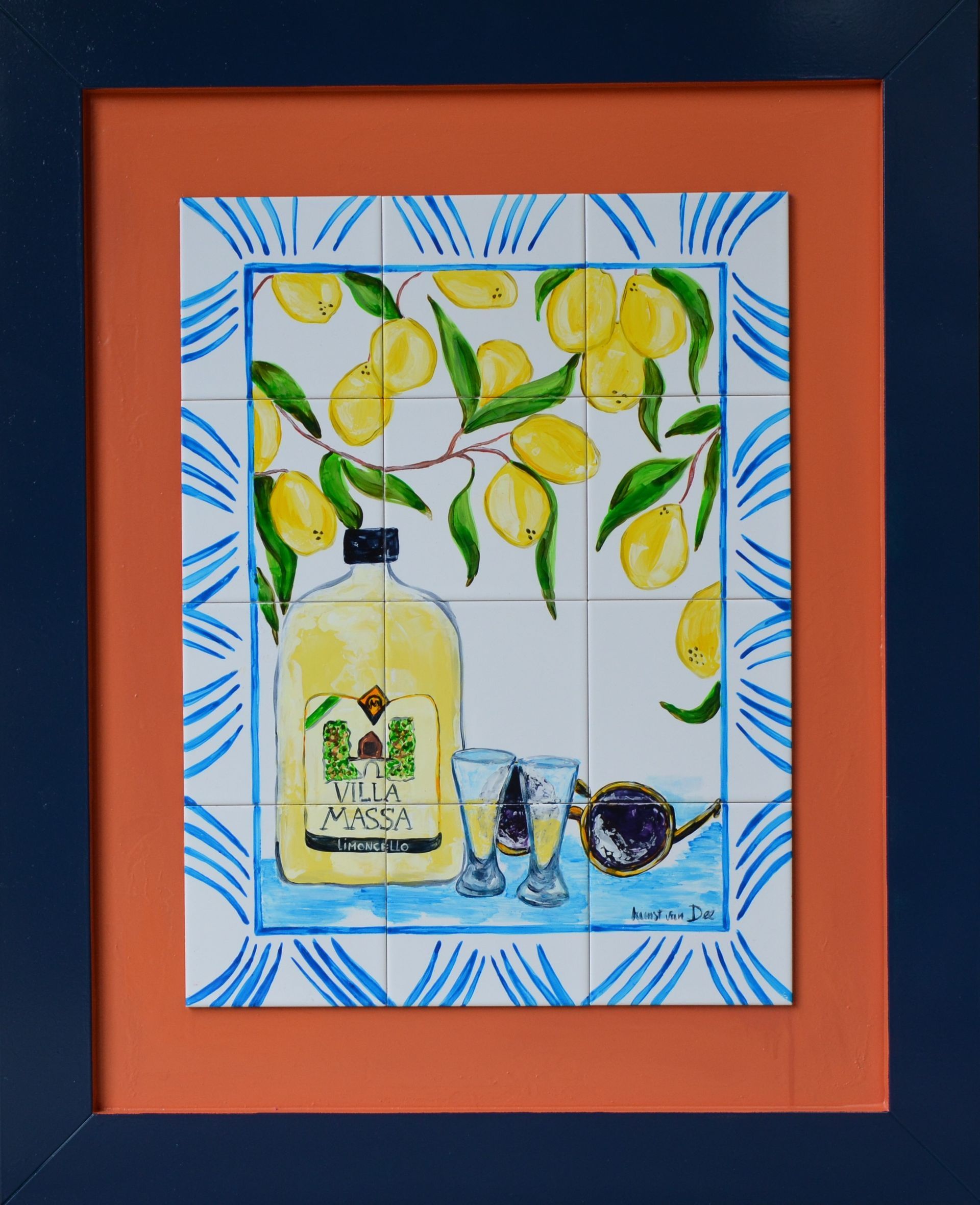 Tegeltableau summer nights limoncello met zonnebril tussen citroenbomen handbeschilderde tegeltjes afgebakken in oven keukendecoratie wanddecoratie keukendesign interieur kleurrijkwonen. tegeltableaus, tegelkunst, tegeltjekunst, wandtegels, handbeschilderde tegels. 