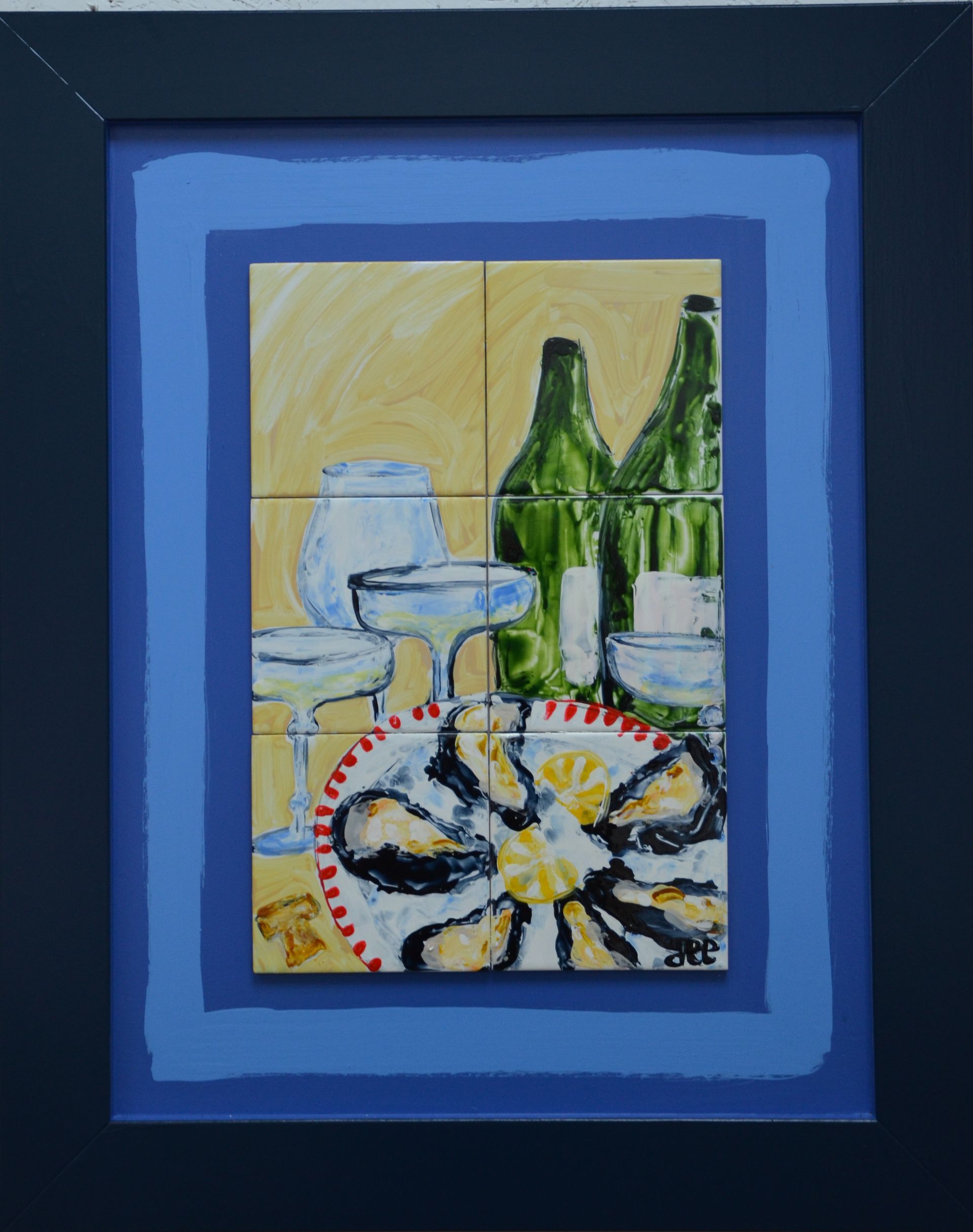 Tegeltableau oesters champagne handbeschilderde tegeltjes afgebakken in oven keukendecoratie wanddecoratie keukendesign interieur kleurrijkwonen. tegeltableaus, tegelkunst, tegeltjekunst, wandtegels, handbeschilderde tegels.