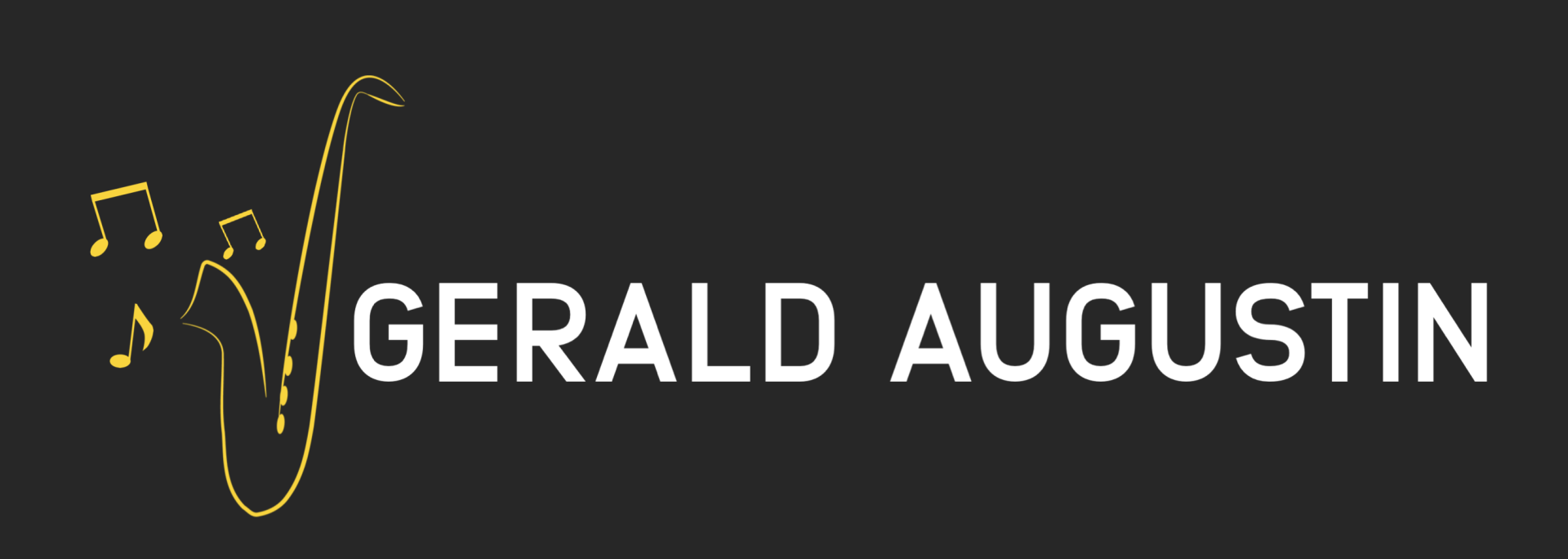 A logo for gerald augustin with a saxophone on a black background