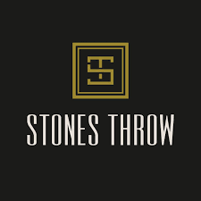A logo for stones throw is on a black background.