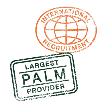 A stamp that says international recruitment next to a stamp that says largest palm provider