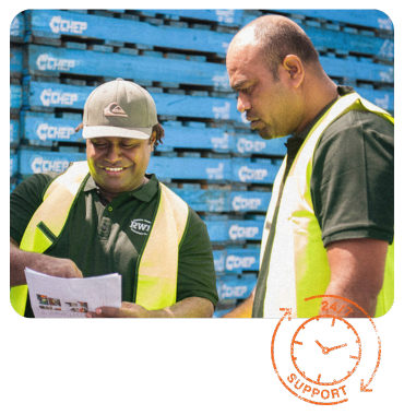 A man in an orange vest is driving an orange forklift