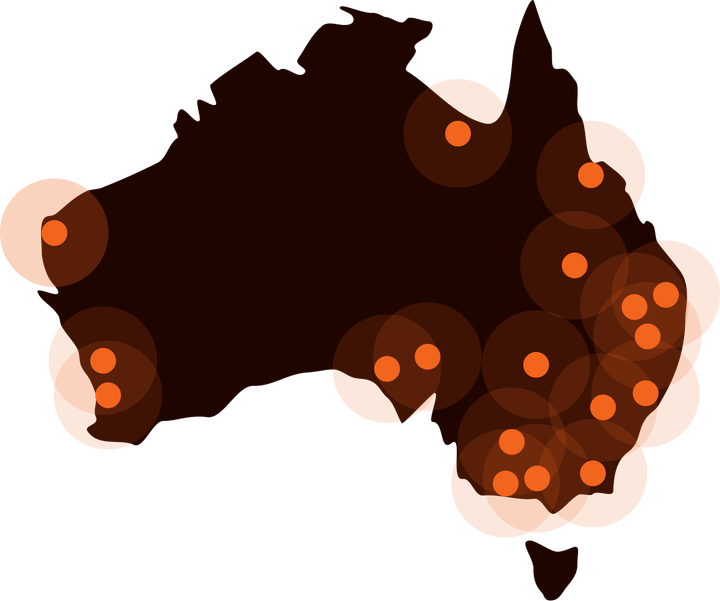 A map of australia with orange circles around it