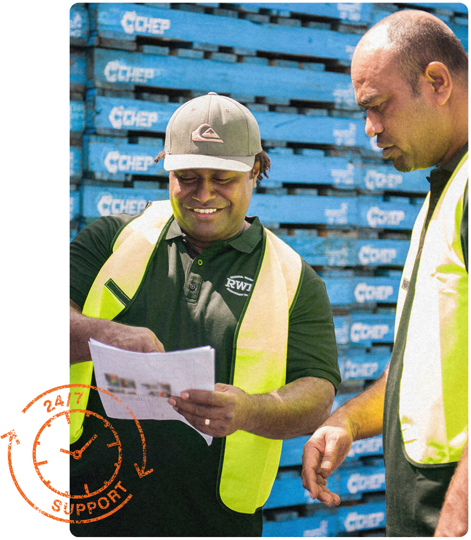 A man in an orange vest is driving an orange forklift
