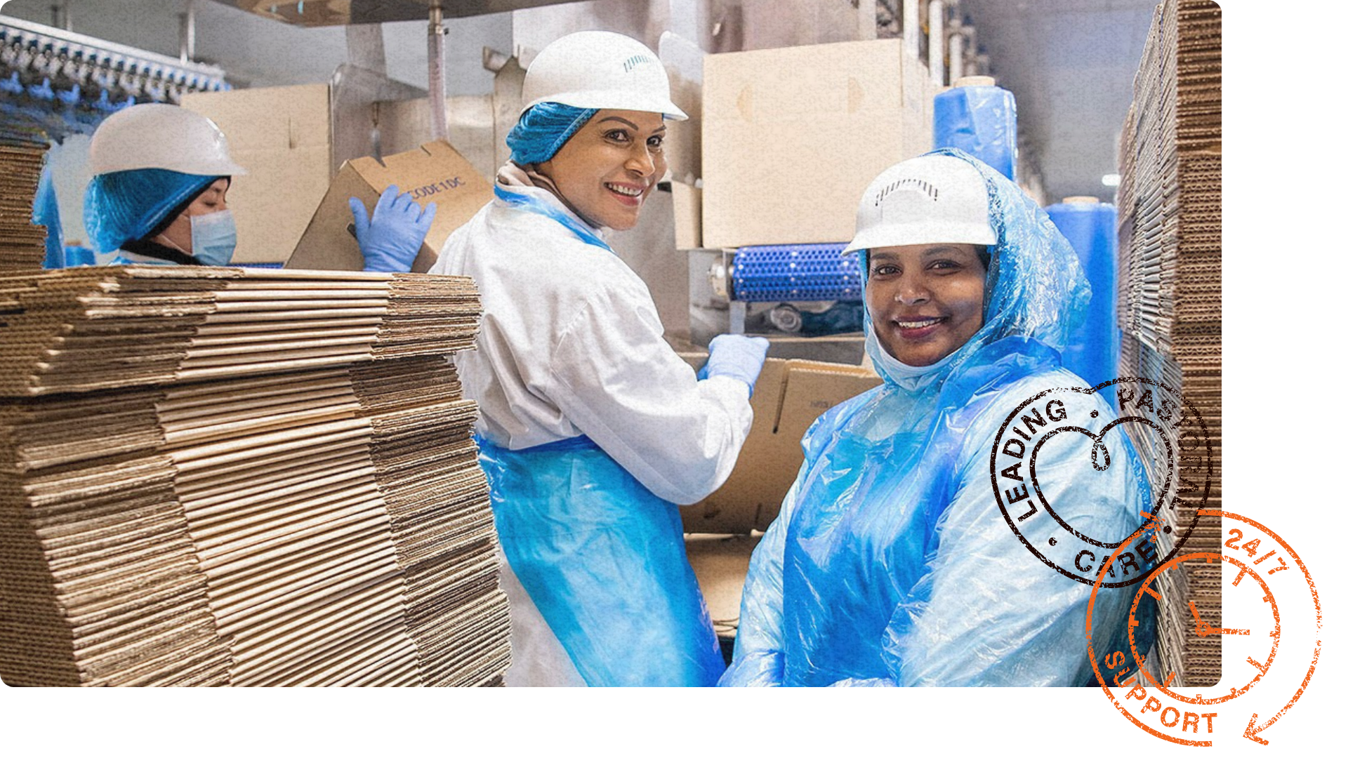 Smiling workers in protective gear assemble cardboard boxes in a food processing facility. '24/7 Support' stamp in the corner.