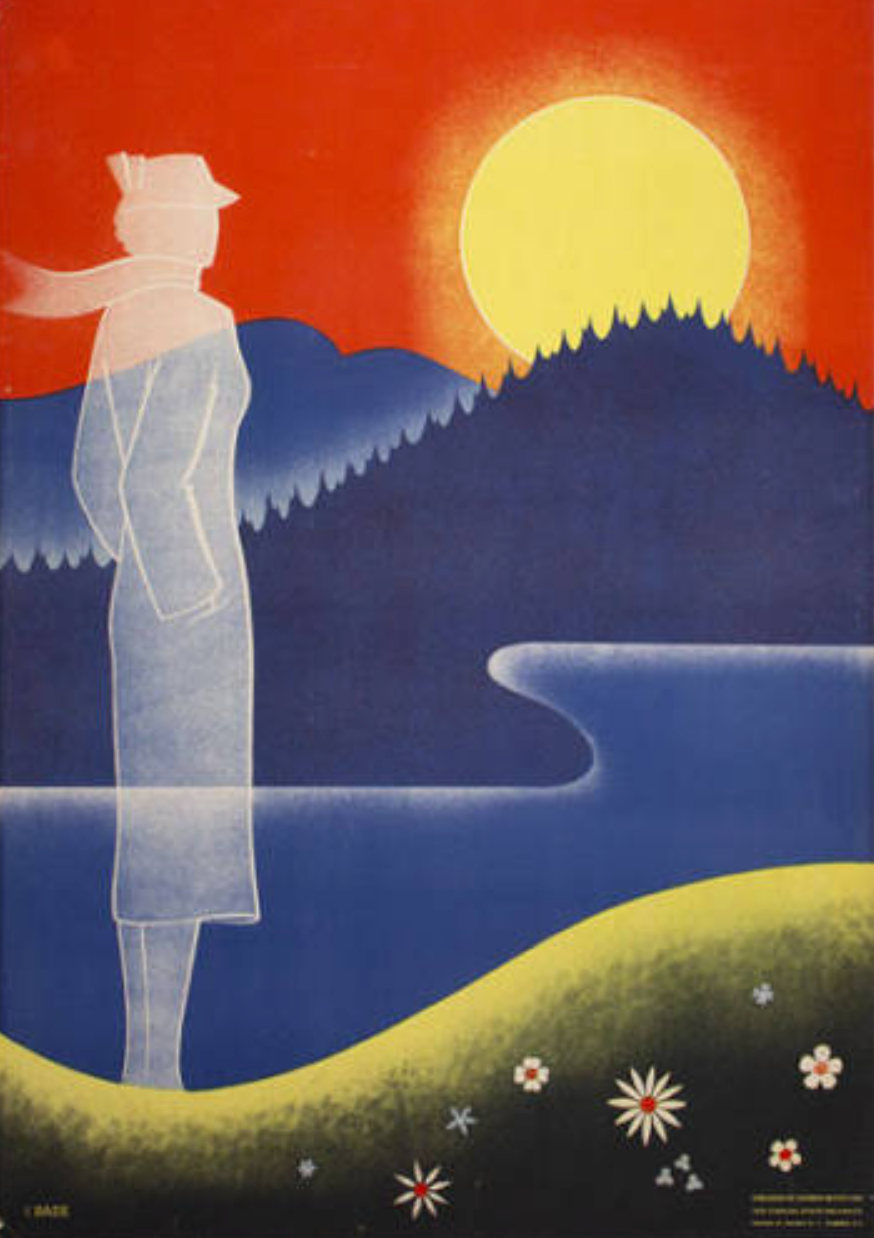 Woman in a white dress and hat stands by a lake at sunset with mountains, flowers, and a large yellow sun.