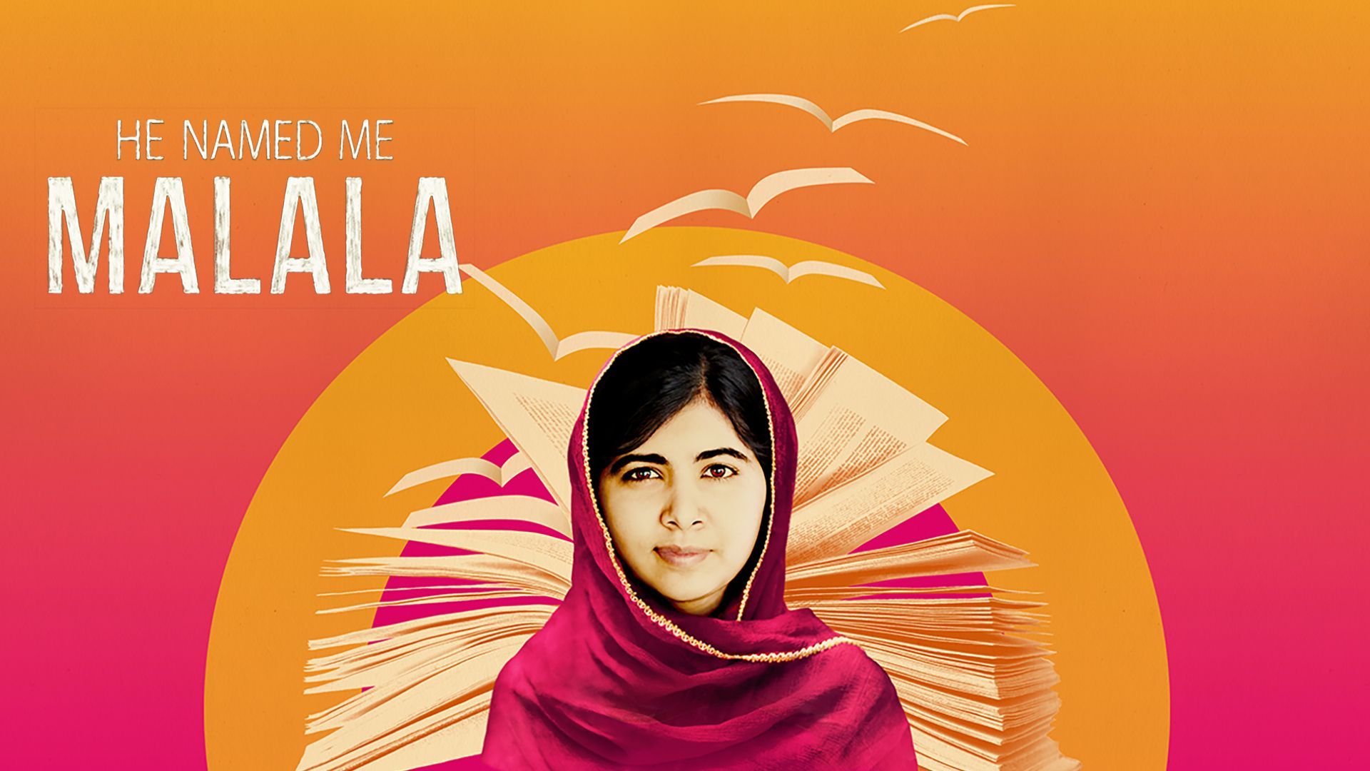 Malala in front of a colorful backdrop with birds and open book pages, wearing a pink headscarf.