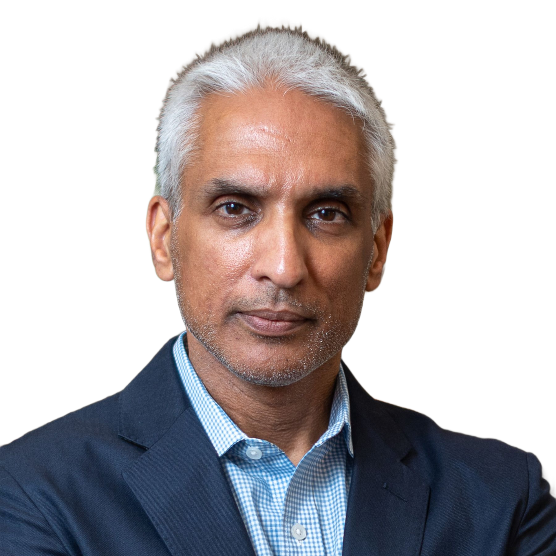 Portrait of a man in a navy suit and blue checkered shirt against a white background