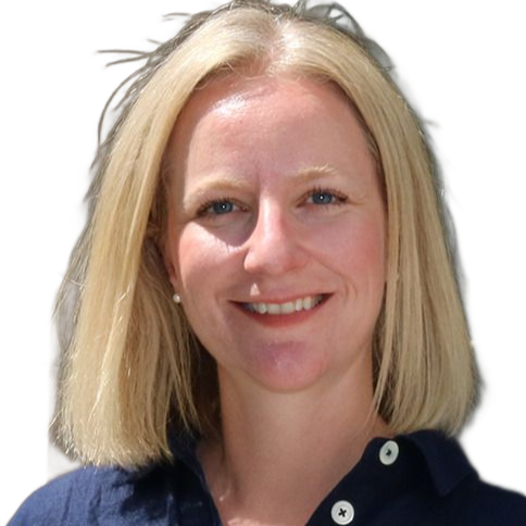 Portrait of a smiling person with shoulder-length blonde hair, wearing a dark shirt, against a white background