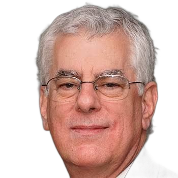 Portrait of a man with short gray hair and glasses against a white background