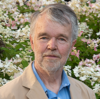 A man with a beard is standing in front of a bush of flowers.