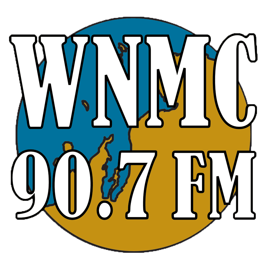 A logo for wnmc 90.7 fm with a globe in the background