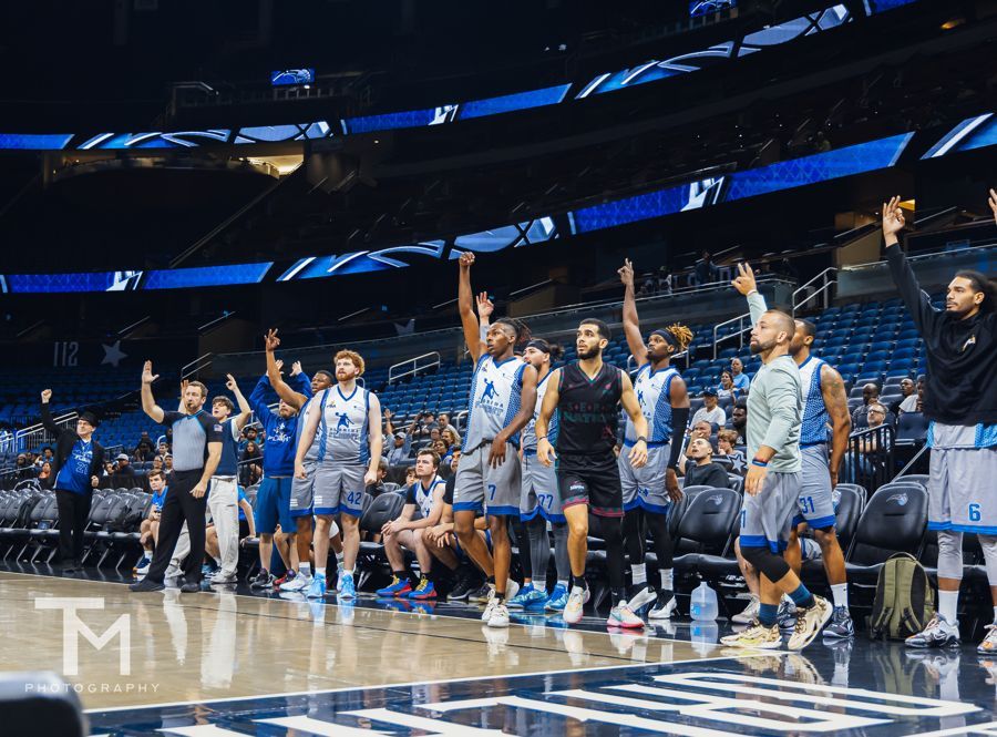 A group of basketball players are standing on a court with their arms in the air.