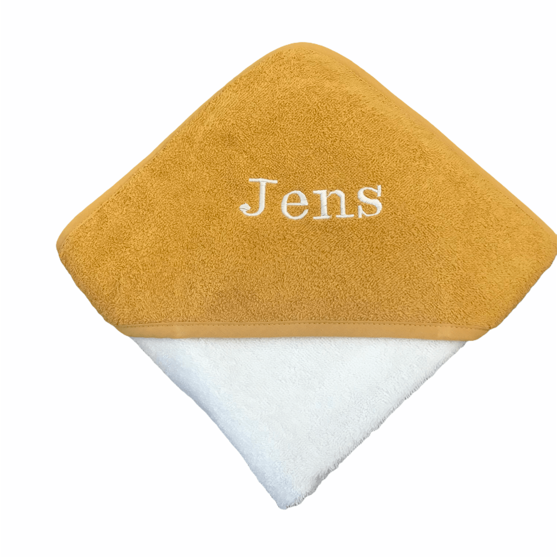 Witte en mosterdkleurige handdoek in ruitvorm met de naam 