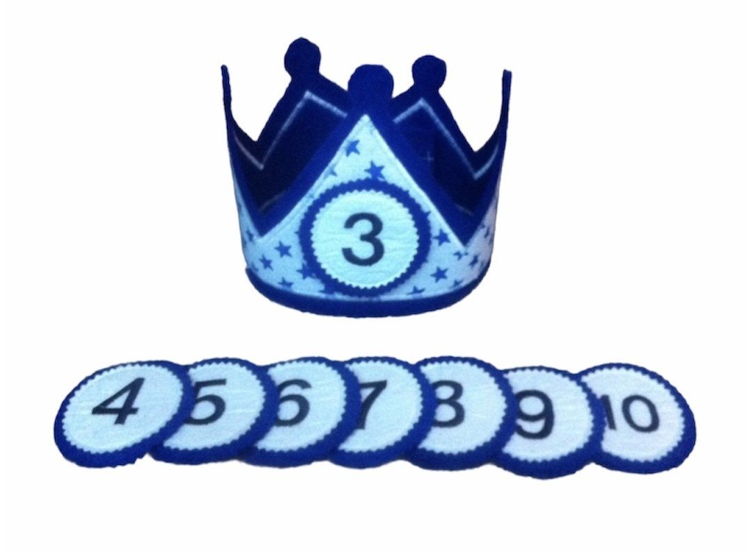 Een blauw kroonicoon boven genummerde cirkels met de nummers 4, 5, 6, 7, 8, 9 en 10, waarbij het cijfer 3 in het midden van de kroon staat.