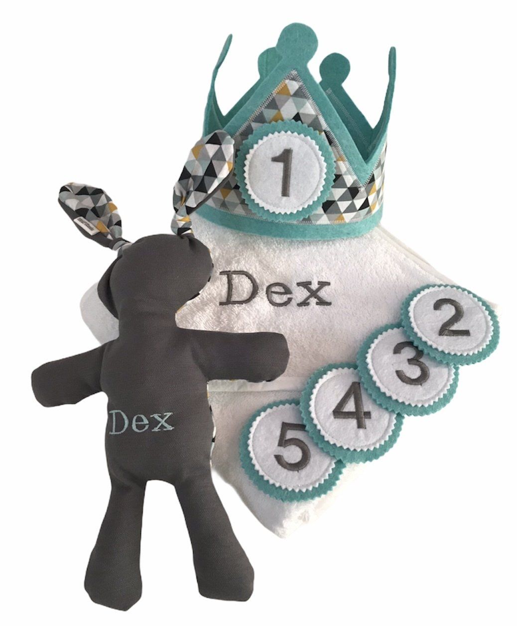 Zwarte Dex-figuur met turquoise kroon en genummerde medaillons 1-5 op een witte achtergrond.