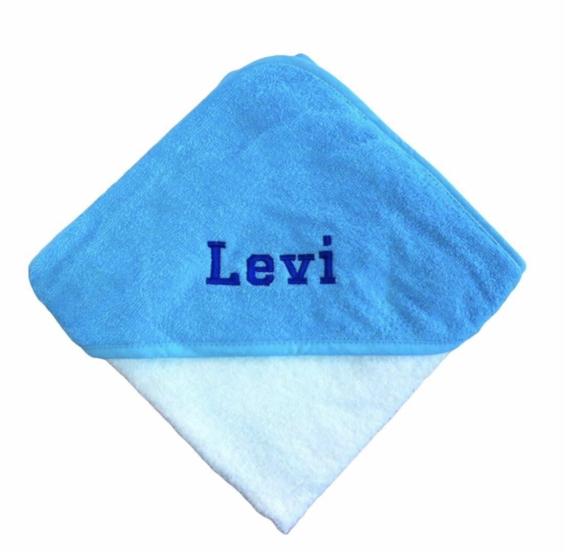 Een blauw, ruitvormig doek met in het midden het woord 