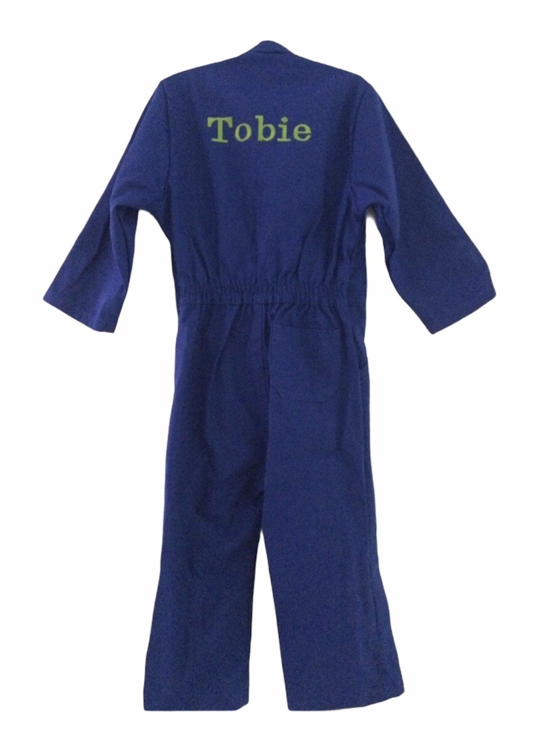 Blauwe jumpsuit in kindermaat met de naam 
