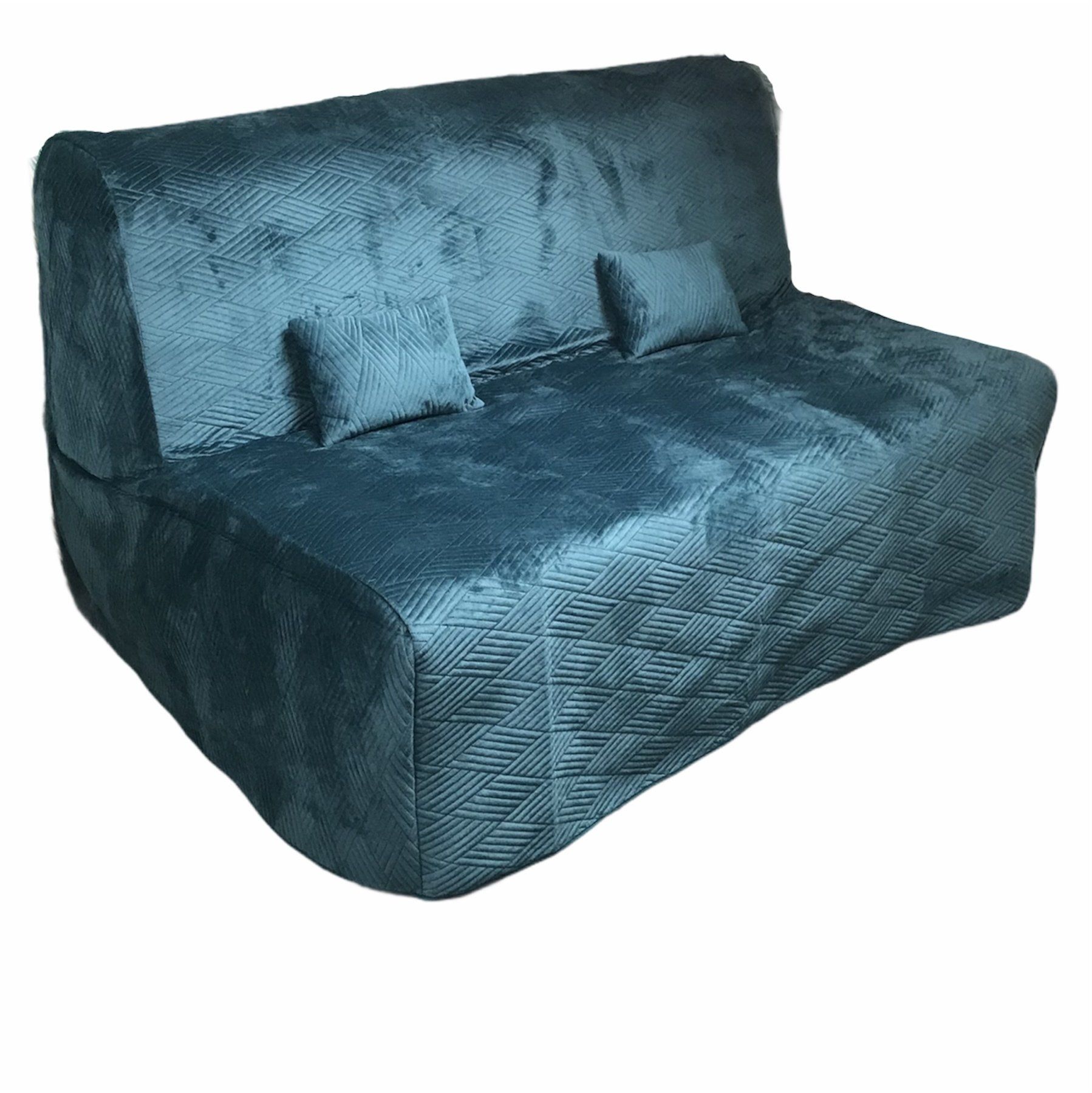 Turquoise gestoffeerde slaapbank met drie kussens en een hoes met structuur.