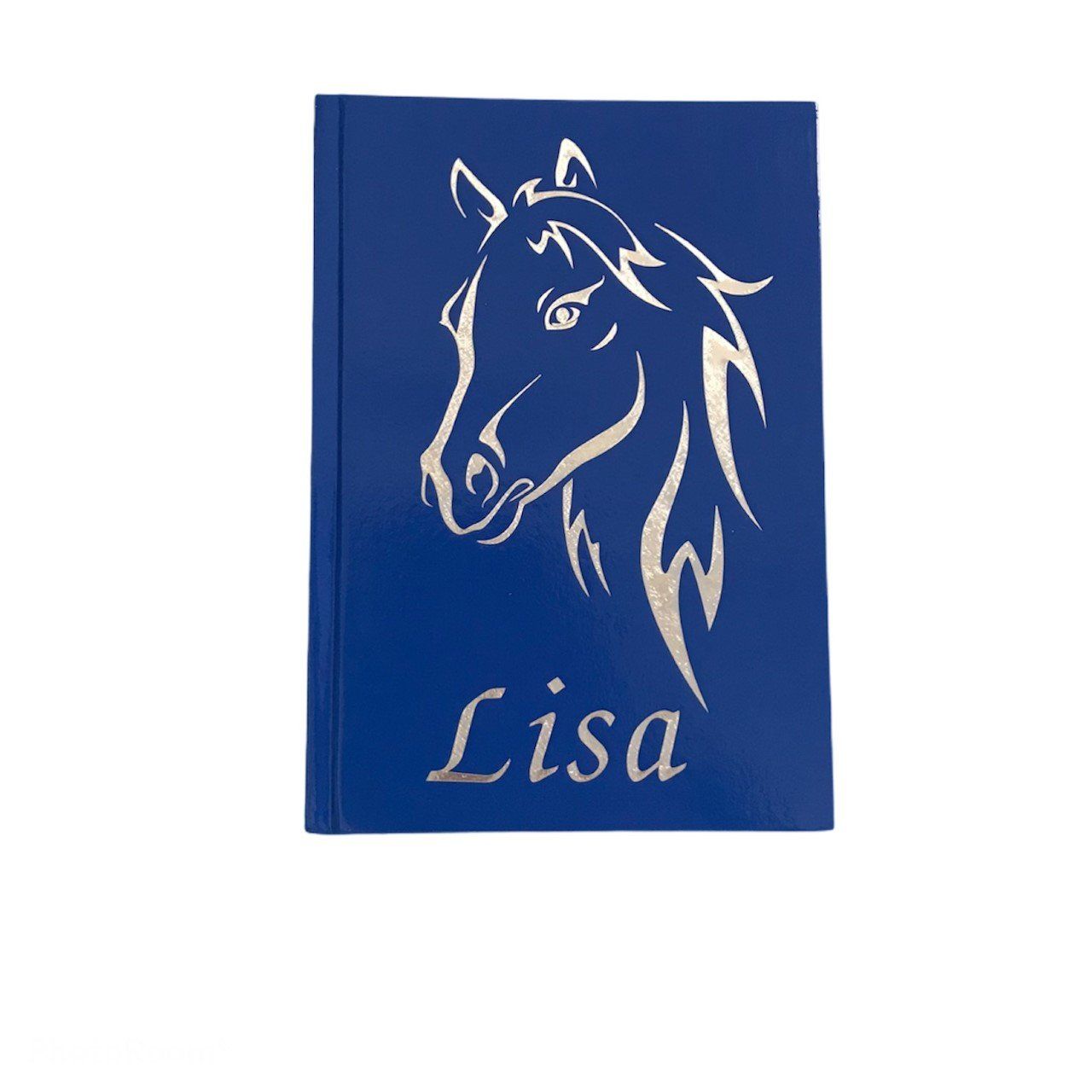 Blauw notitieboekje met een illustratie van een wit paard en de naam 