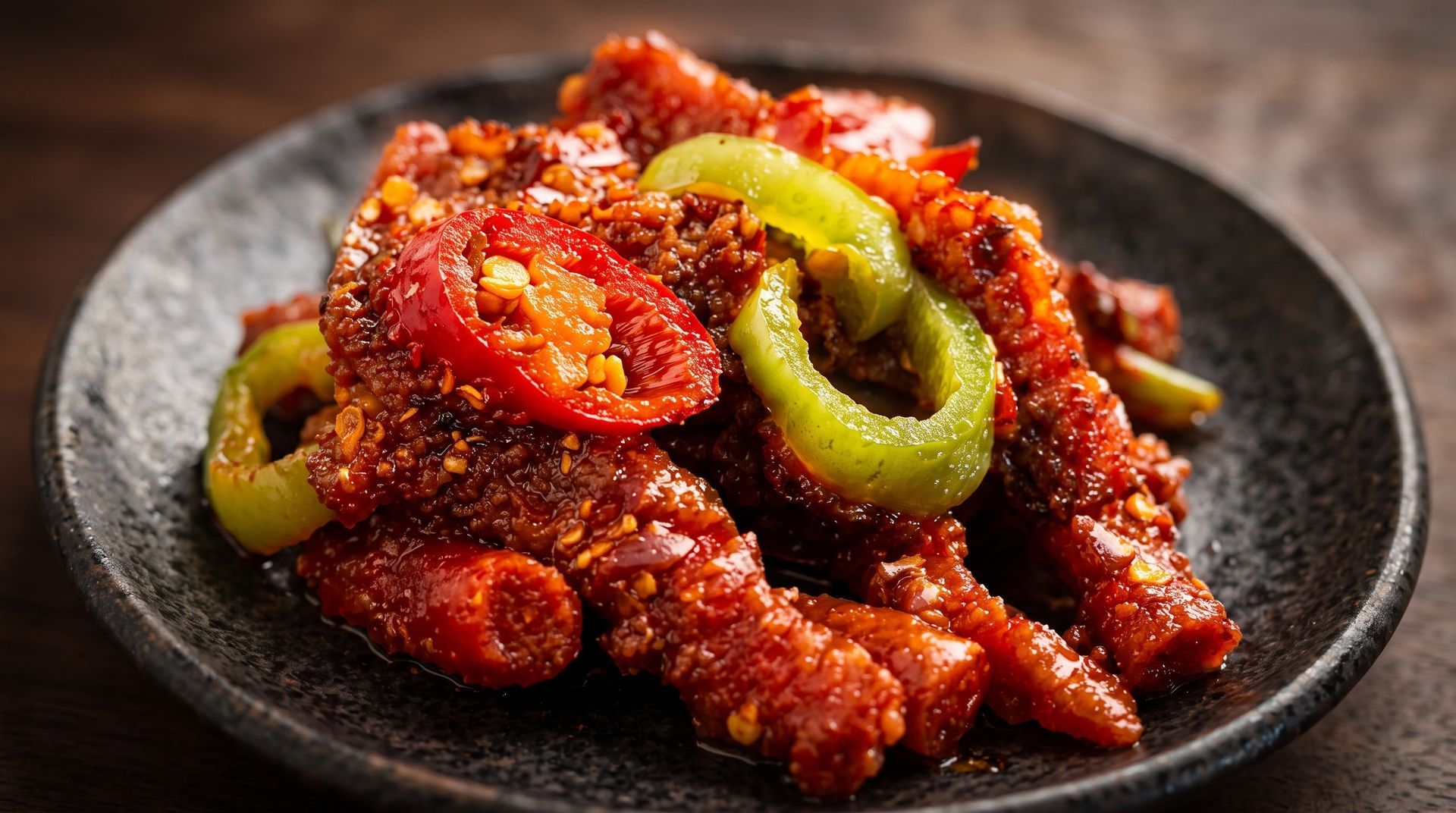 Spicy red chicken feet garnished with green and red pepper slices on a dark plate