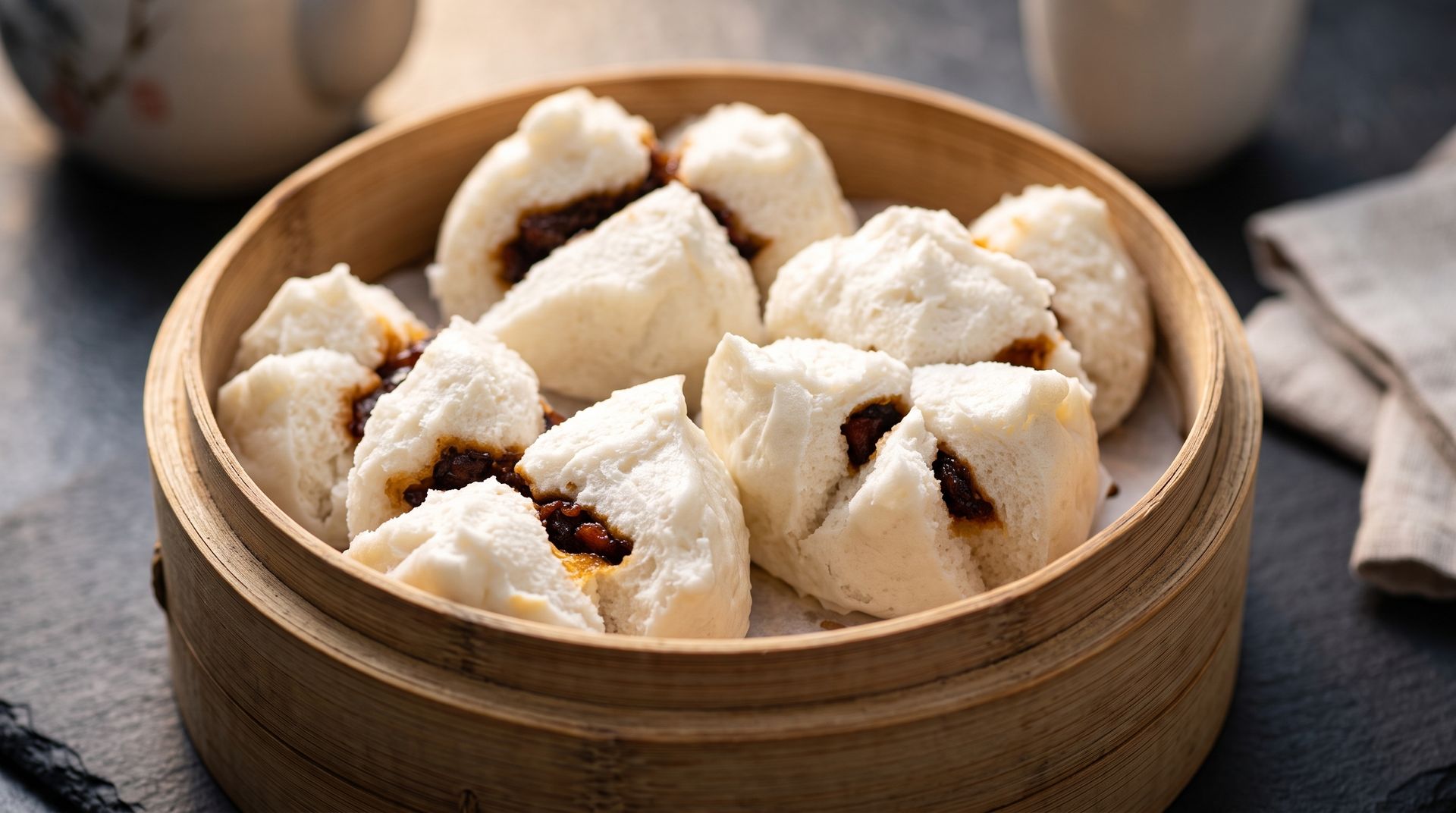 Steamed buns in a bamboo basket on a table, with a napkin nearby