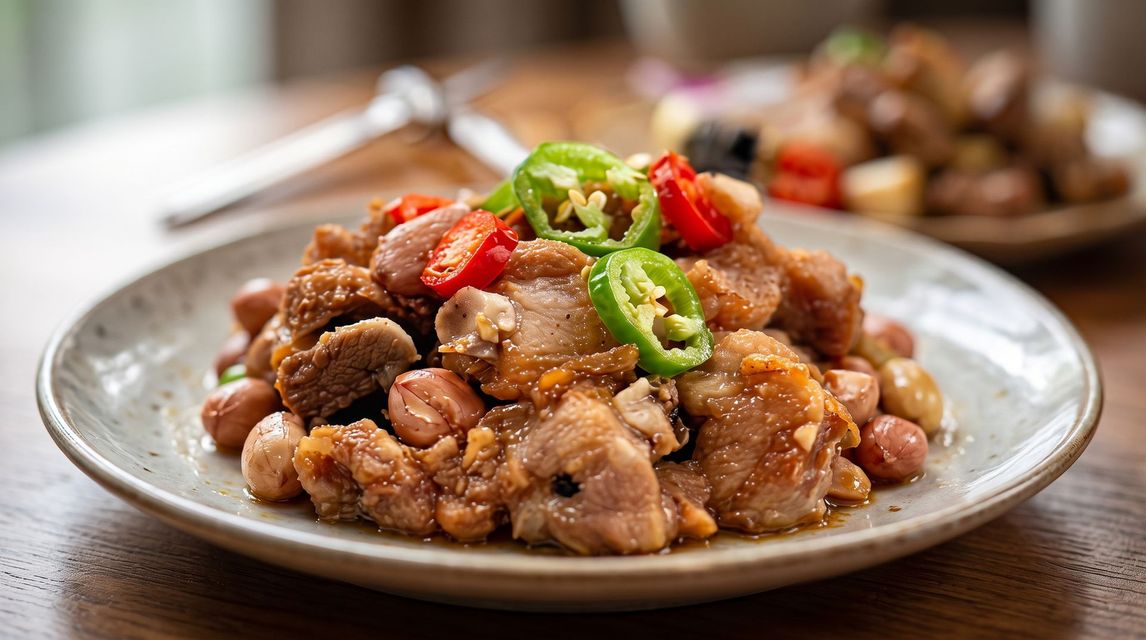 Plate of stir-fried meat topped with sliced red and green peppers on a wooden table