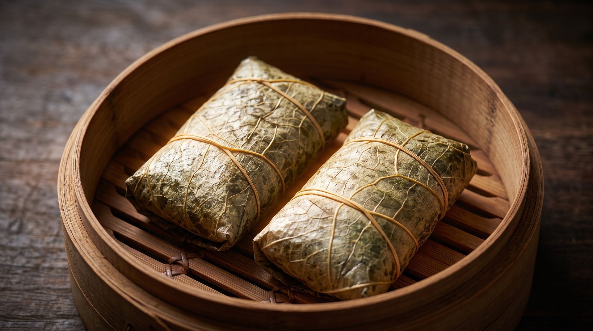 Two leaf-wrapped dumplings in a round bamboo steamer