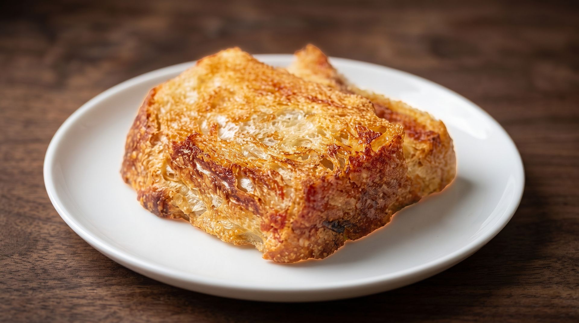 Golden-brown fried pastry on a white plate against a wooden table.