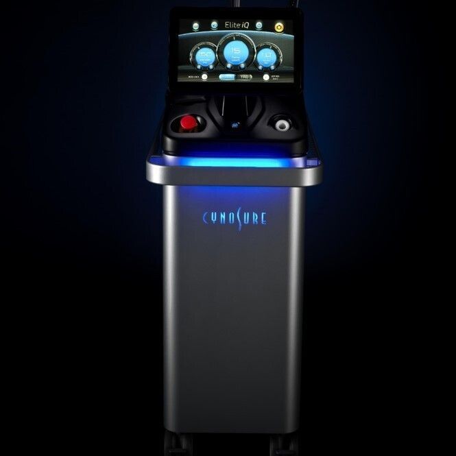 A medical device with a touchscreen display, used in aesthetics; has a blue light and a logo.