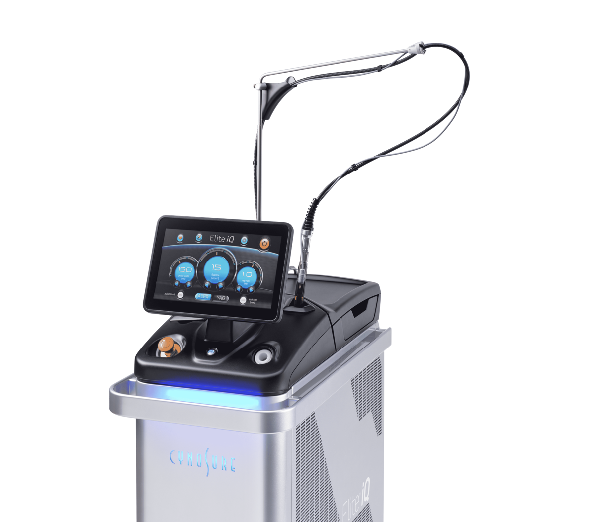 Medical laser device with touchscreen, arm, and silver casing.