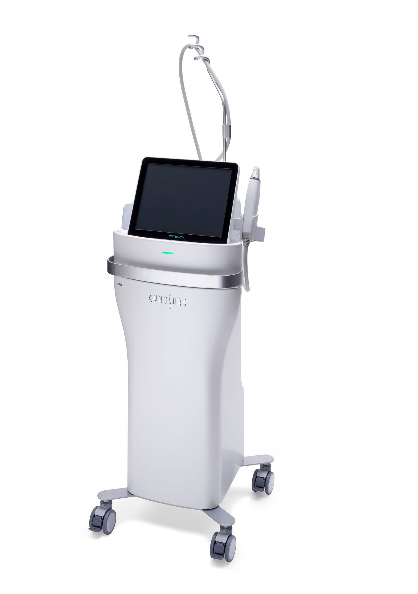 White medical machine with a touchscreen and treatment applicator on wheels.