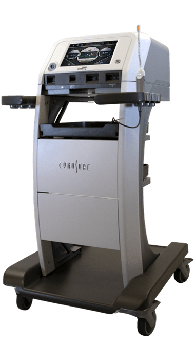 Medical machine on wheels, white and gray, with control panel and labeled