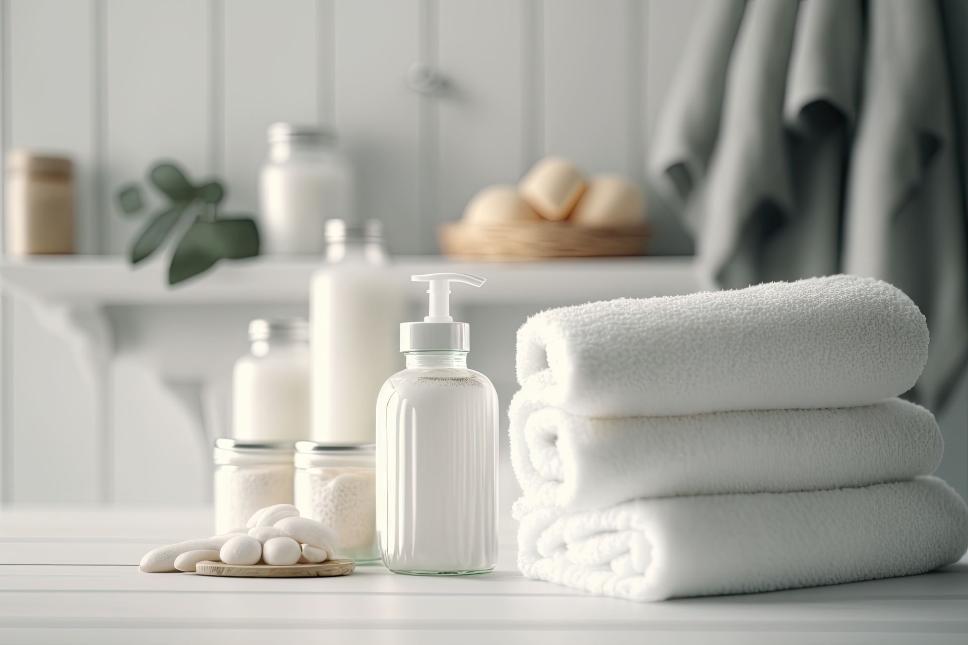White towels stacked next to a soap dispenser and bath products on a shelf.