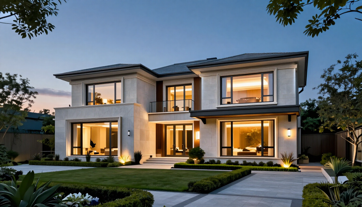 A luxury estate home glowing at dusk
