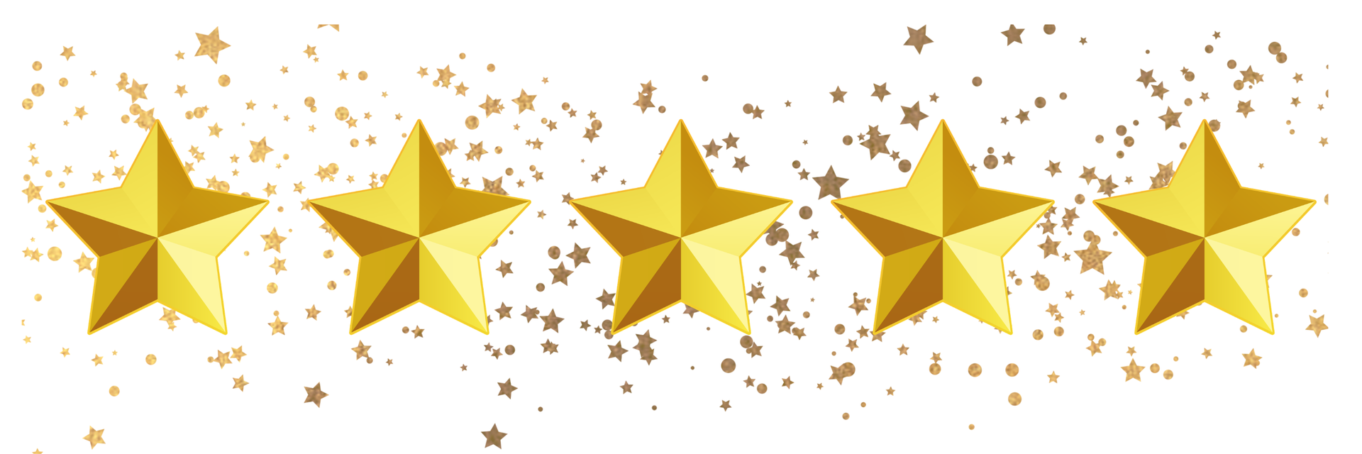 Five gold stars with gold confetti on a white background