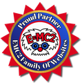 EMC2 Family of Webbies Proud Partner logo with red starburst and blue circular center