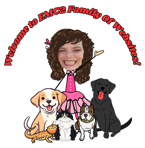Cartoon pets and smiling girl with wand under arching text: 