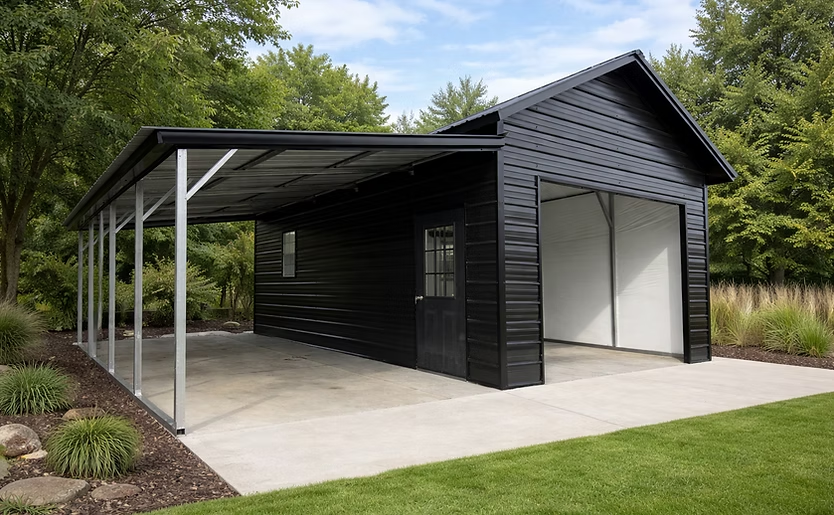 Black carport and garage with metal roof beside concrete driveway, surrounded by trees and landscaping